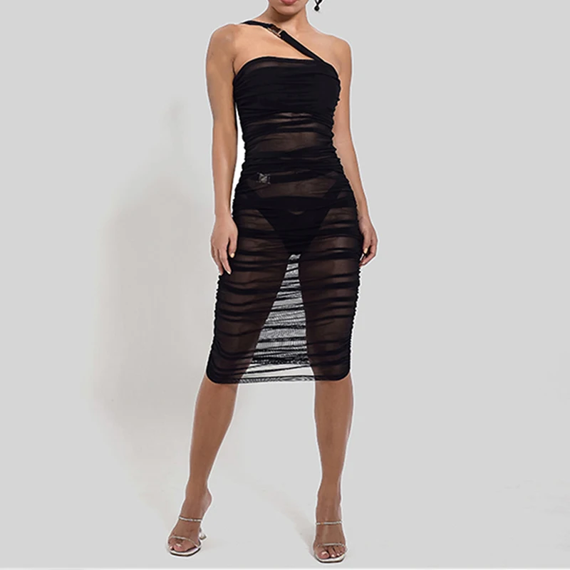 

Sexy black mesh swimsuit 2021 One-shoulder cover up Solid see though women's swimwear and beachwear Vintage folds bathing suit