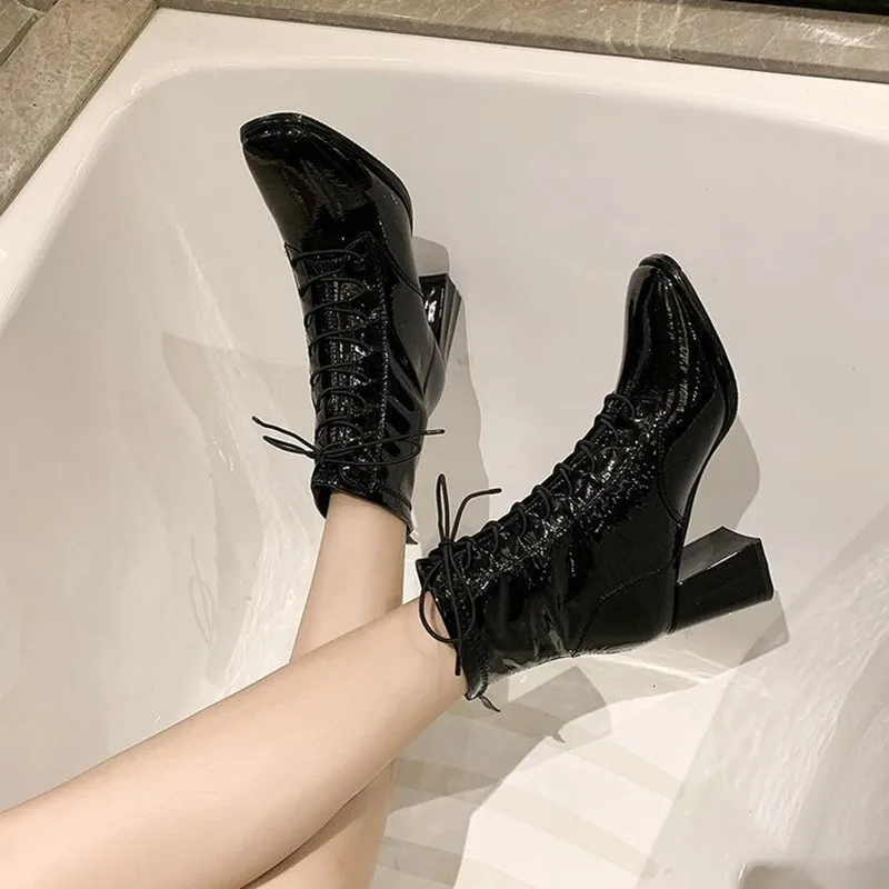 Patent Leather Square Toe Ankle Boots for Women Fashion High Heels Leather Boots Beige Black Boots Femme New Chunky Heels