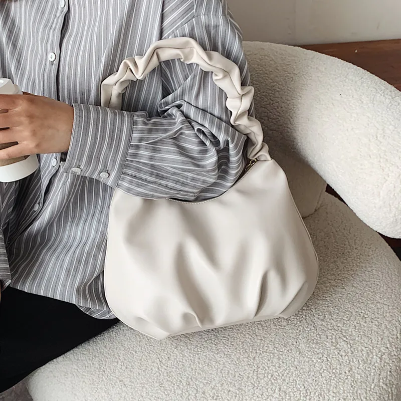 

White Soft Leather Female Hobo Bag Designer Pleated Cloud Armpit Bags Casual Tote Handbag Women Simple Solid Color Shoulder Bag
