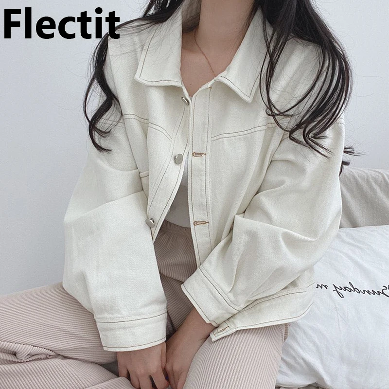 

Flectit White Black Denim Jacket Women Jean Jacket Coat Topstitching Button Down Vintage Classic Outerwear