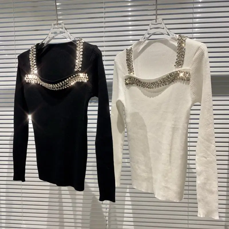 

Женская трикотажная футболка, зимняя стильная футболка с квадратным вырезом, с бисером, сексуальная эластичная, 2021