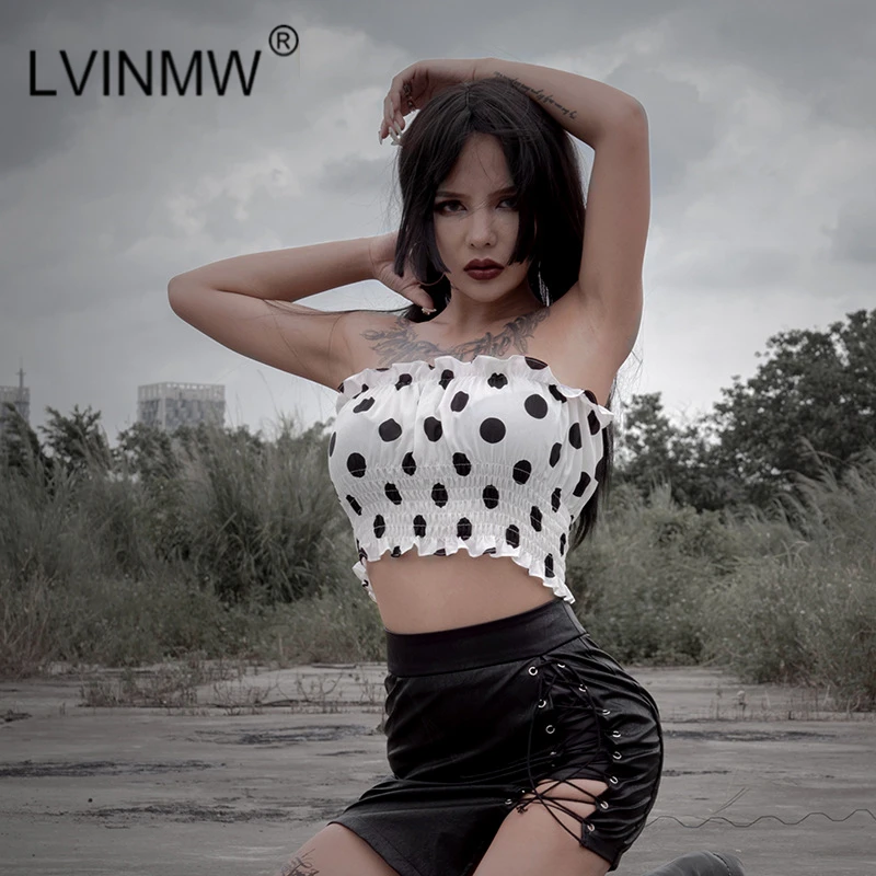 LVINMW сексуальный укороченный топ в горошек, модный топ с вырезом лодочкой и оборками, плиссированные топы с открытыми плечами, женская уличная одежда с открытой спиной, топы