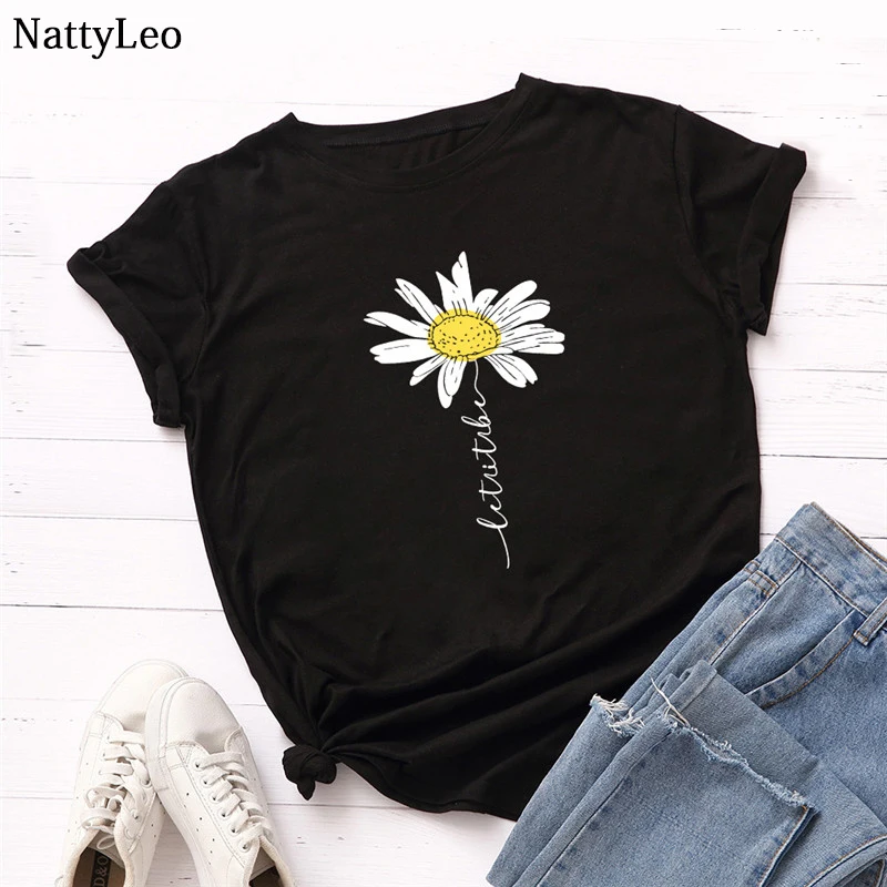 

Summer plus size T-shirt cute daisy print T-shirt design sense women's T-shirt O-neck short-sleeved T-shirt oversized black top