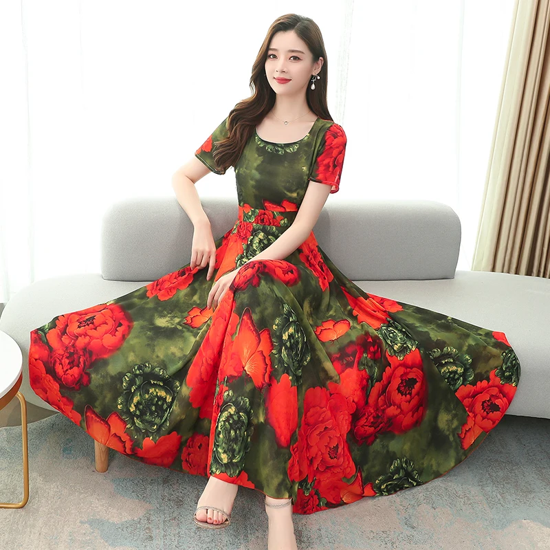 Весеннее Новое красное Цветочное платье женское с высокой талией темперамент