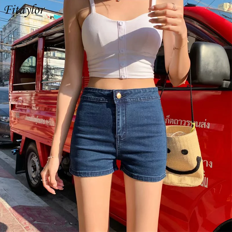

Fitaylor New Women High Waist Skinny Single Button Black Blue Jeans Shorts Casual Female Slim Fit Solid Color Denim Shorts