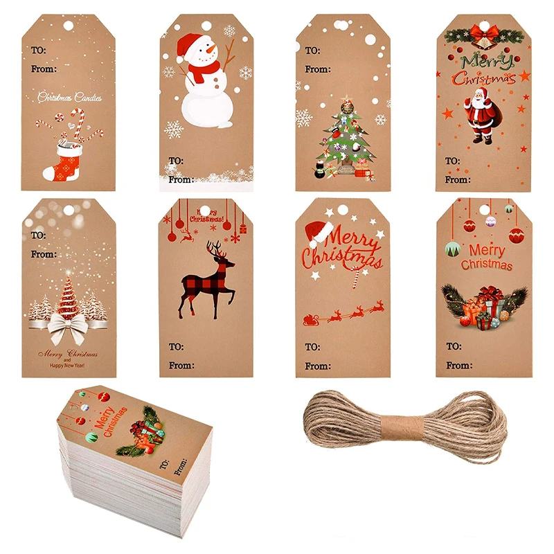 

100 Pcs Christmas Kraft Paper Tags with Twine String Tie Xmas Hang Labels Snowman Snowflake Christmas Tree Pre-Punched Tag Card