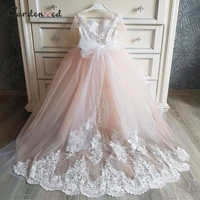 puffy tulle lace ball gown flower girl dresses ivory lace girl princess dress illusion girl wedding party dress first communion