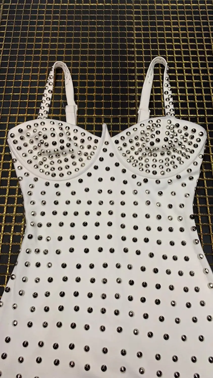 

2019 New Women WHITE Beading V-Neck Spaghetti Strap Celebrity evening party bodycon bandage dresses wholesale