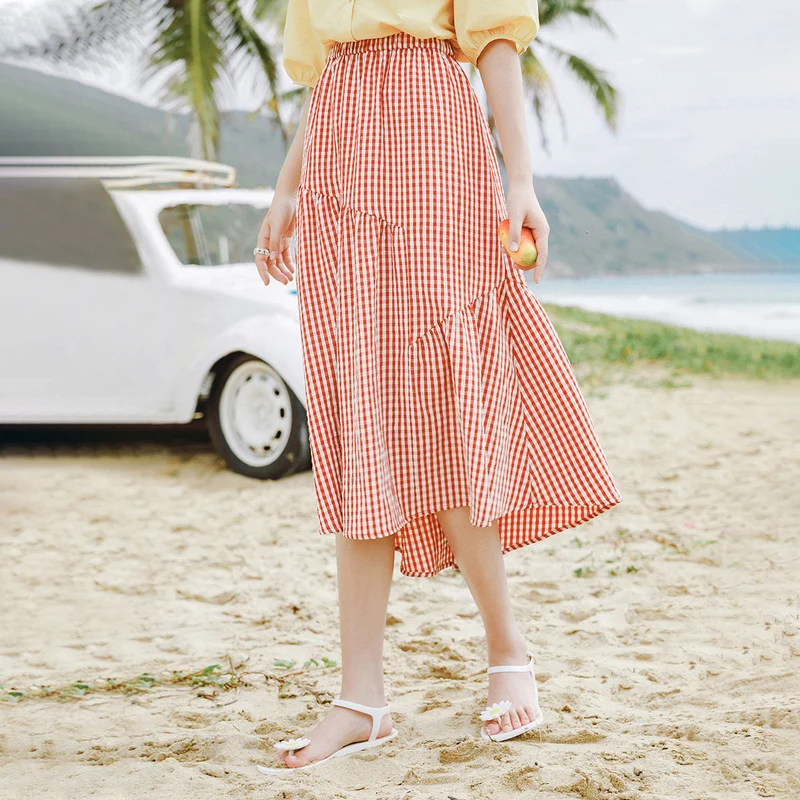 INMAN летняя клетчатая юбка трапециевидной формы с эластичной резинкой на