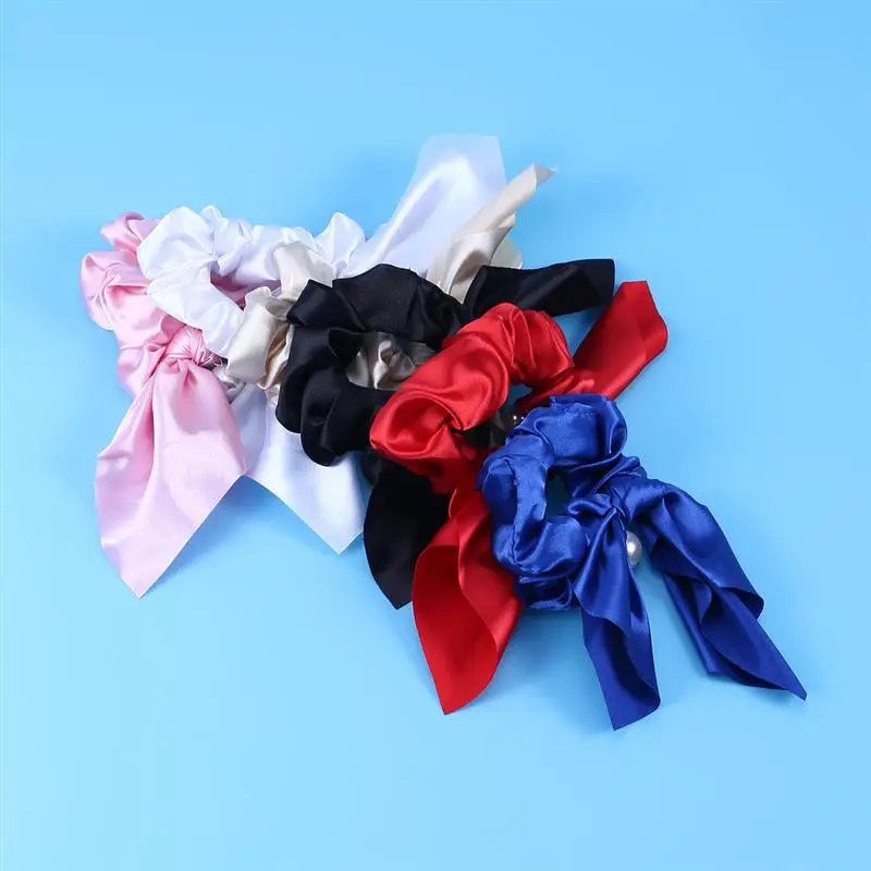 

6pcs Hair Ties Beautiful Long Stripe Hair Rope Satin Solid Color Pearl Pendant Large Intestine Ring Hair Ring For Girls Women