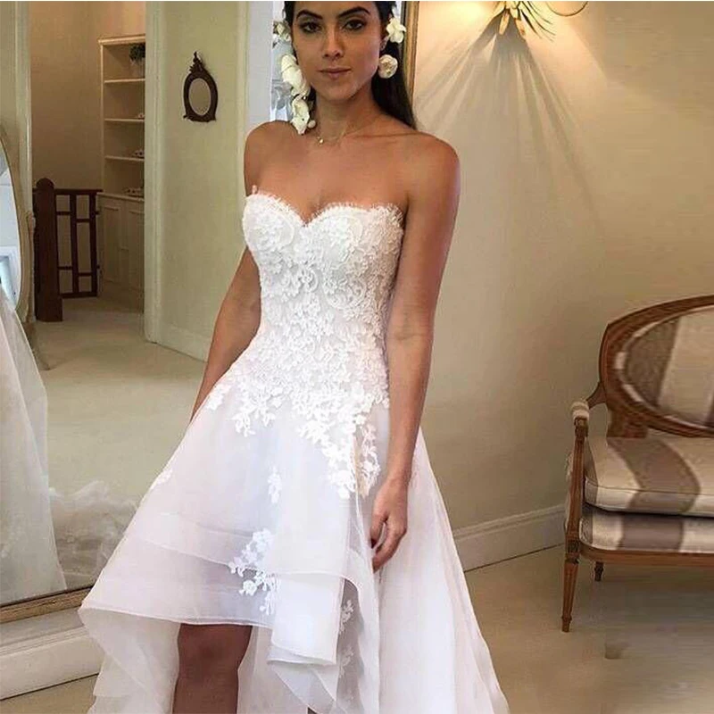 

2020 Beach Wedding Dresses Sweetheart Appliques High Low Country Wedding Dress Bridal Gown Robe Mariage Vestido de Novia
