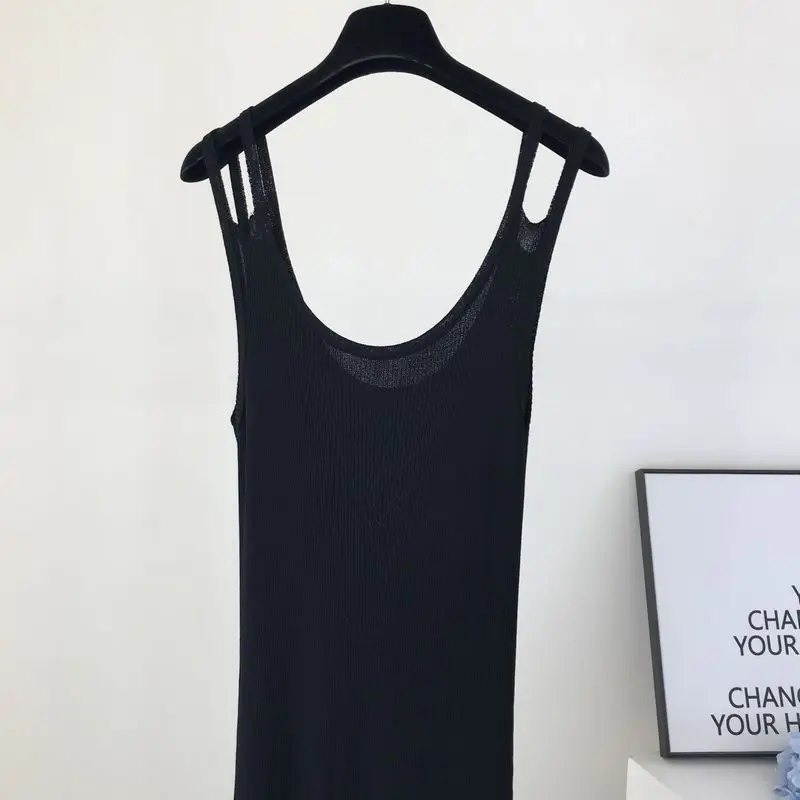 

European and American Style Ins Mid-Length Dress Over-Knee Dress Sling Dress for Women Spring New Solid Color Knitted Dress