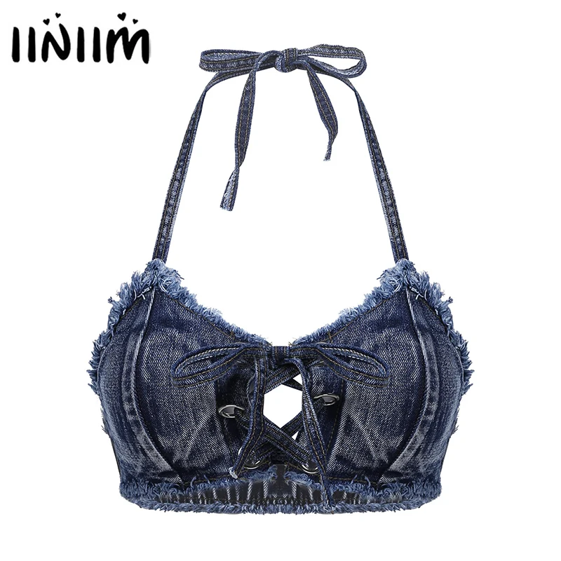 

Женский джинсовый бюстгальтер с лямкой на шее и открытой спиной