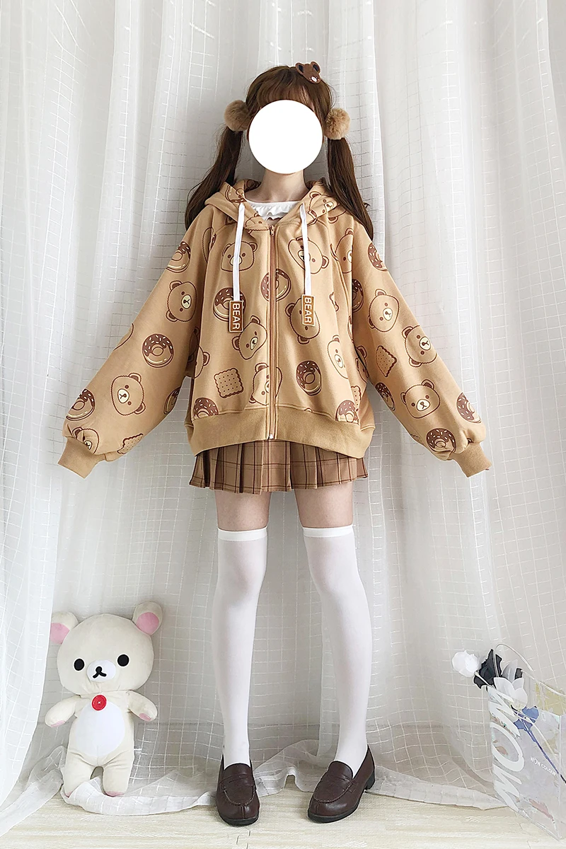 

NEW Kawaii Caramel Dessert Bear Theme Hoodie Harajuku Women Casual Coat Mori Autumn Winter Thick Hooded Brown Sweatshirt Tops