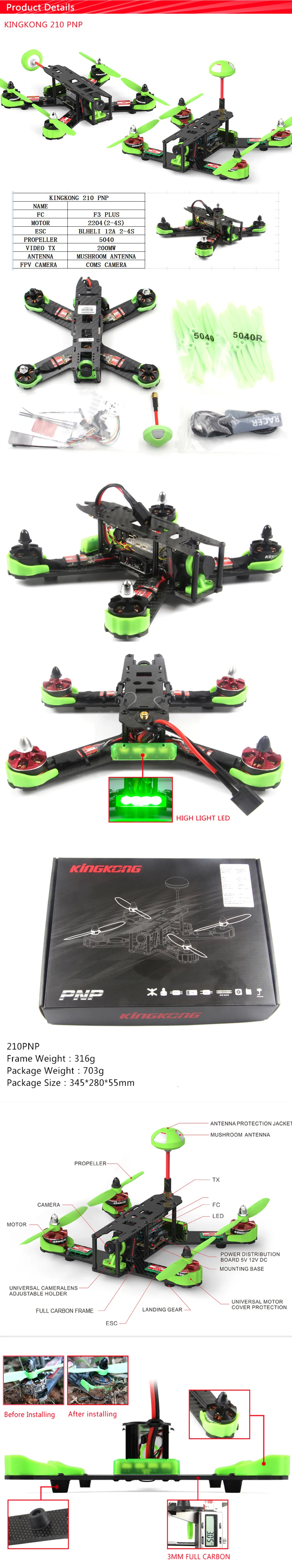 KINGKONG 210 PNP fibra de carbono Мини FPV Квадрокоптер F3 PLUS 200 mW 2204 мотор 12A ESC COMS камера и антенна 10 pares 5040