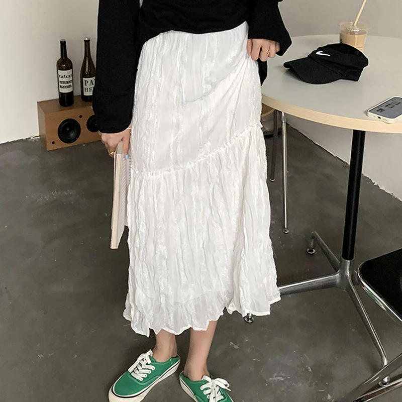 

High Waist Pleated Solid Skirt Women's Korean Fashion Loose Skirt Woman Casual Slim A-Line Skirts Ladies Summer 2021