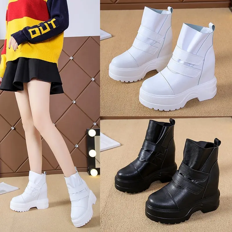 

Women Leather Ankle Boots Winter High Top Platform Sneakers Comfortable Thick Sole Motorcycle Boots Woman Hook Loop Punk Boots