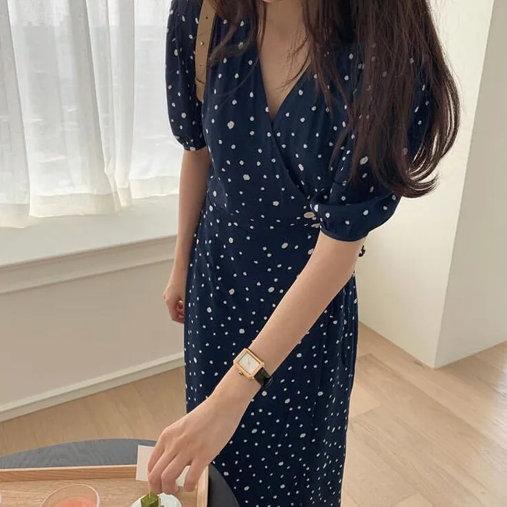 

Korean Chic Sweet Western Style Youthful-Looking Polka Dot One-Piece Lace-up Waist-Controlled Slimming Puff Sleeve Midi Dress