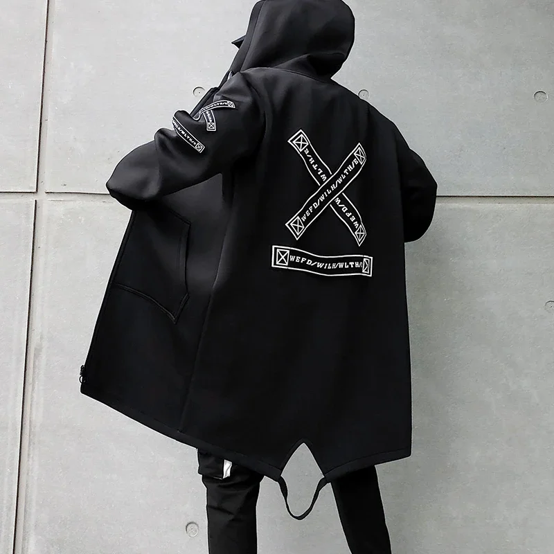

2021 Autumn Men Hooded Jackets Print Harajuku Windbreaker Ribbon Overcoat Male Casual Outwear Hip Hop Streetwear Coats LBZ155