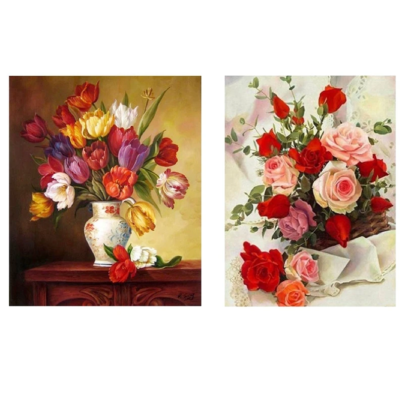 

2 набора, 5D алмазная живопись, вышивка крестиком, украшение для дома, ваза с цветами тюльпана и Роза