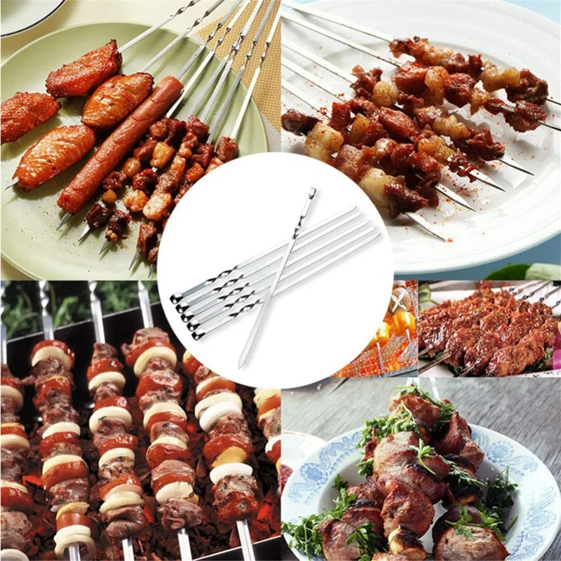 Barbecue Skewers Flat Metal BBQ Grill Skewer 16 Inch Stainless Steel Reusable Grilling Set for Meat 10 Pack |