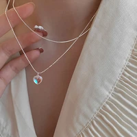 meyrroyu silver color ins sweet diuble layer necklace multicolor love heart crystal pendant clavicle chain for women gift 2022
