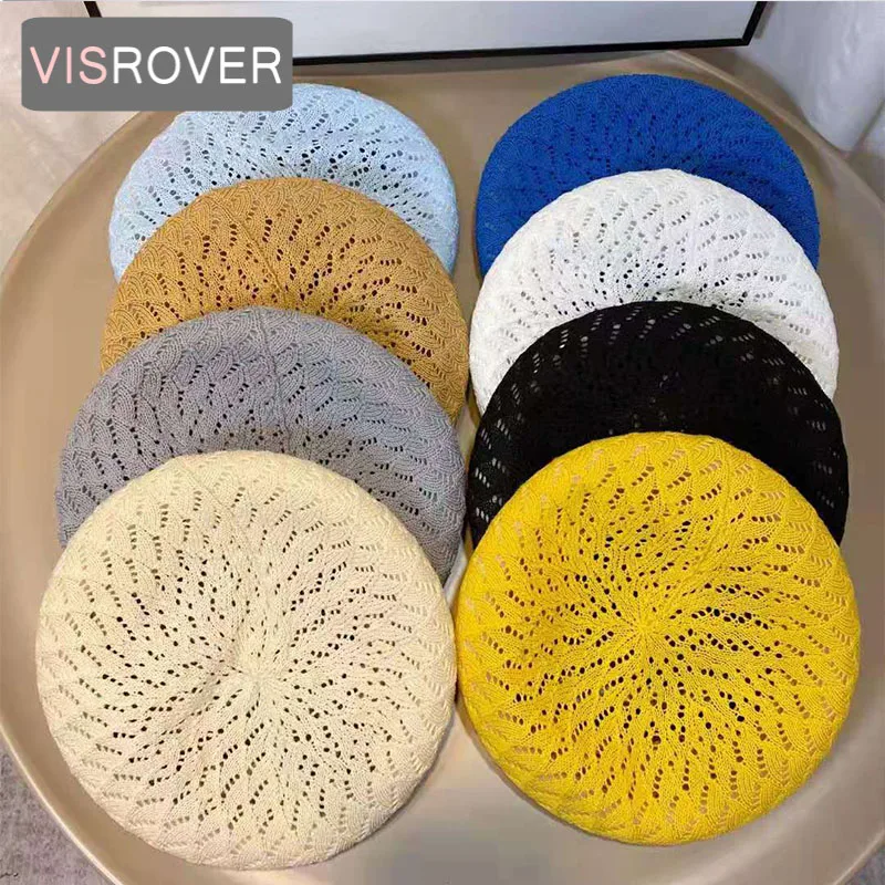 

VISROVER 8 Colorways Summer Best Matched Holes Beret Female Soft Spring Hat Solid Sun Hat Women Yellow Boina Gift Wholesales