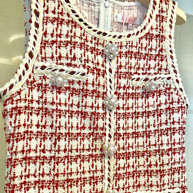 

Pearl Beading Sleeveless Tweed Dress Vintage Plaid Mini Dress Women Knitted Tank Party Dress Plus Size Elegant Office Lady A410
