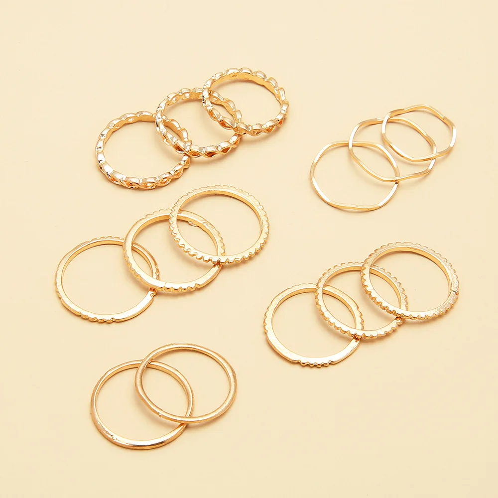 

European and American popular jewelry metal ring 14 piece set engagement ring ring ring geometric hollow Inlay Ring Jewelry