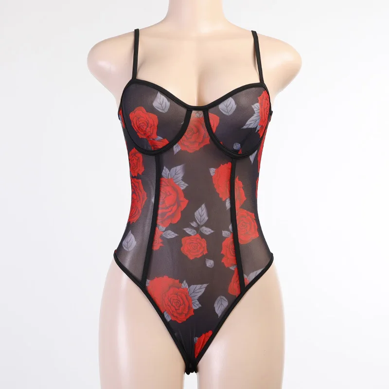 

Ucuhulnl Streetwear Floral Print Mesh Patchwork Women Strap Bodysuit 2021 Summer See Through Sheer Bodycon Sexy Party Club