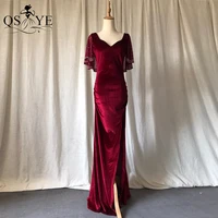 qsyye exquisite dark red velvet evening dress elegant floor length long party dress v neck open back women formal dress sequined