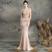 women elegant long party dresses v neck appliques evening dress sleeveless backless sexy robe soiree mermaid dress ladies gowns