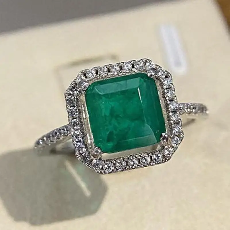 

925 Sterling Silver Vintage 7*7 Emerald Gemstone High Carbon Diamond Ring For Women Party Cocktail Wedding Band Fine Ladies Gift