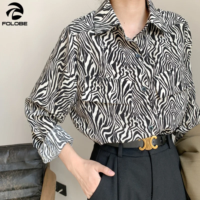 

FOLOBE 2021 Spring Vintage Print Shirt Women Blouse Long Sleeve Turn-down Collar Korea Loose Chic Shirts Blusas Roupa Women Tops