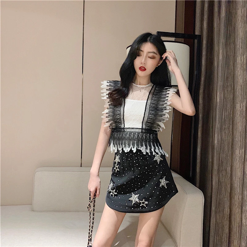 Женский комплект из 2 предметов блузка без рукавов с кружевной отделкой и