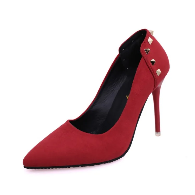 

2021 Spring New Shallow Mouth Women's Shoes Pointed Sexy High Heels Women Stiletto Rivet Single Shoes Women Suede Red Shoes