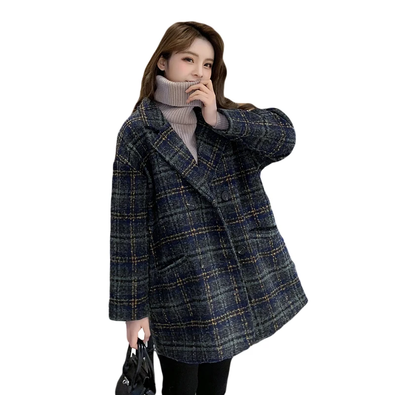 

New Women Plaid Wool Blends Coat Winter Autumn Fashion Elegant Tweed Woolen Outerwear Female