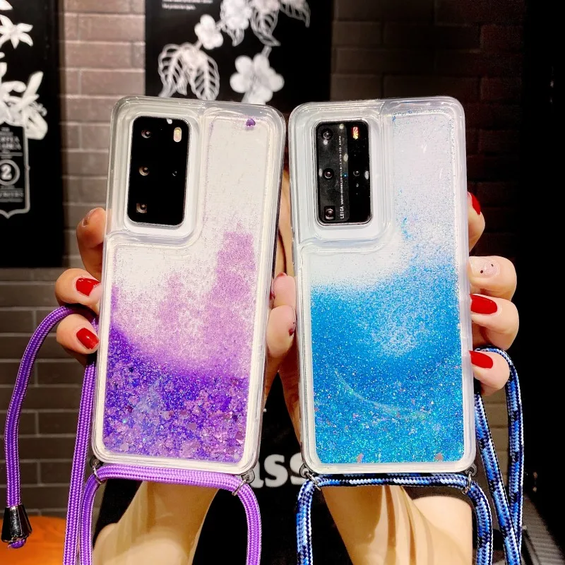 Quicksand Case For OPPO Realme 7 C11 C15 A5 A9 2020 Reno 5 Pro 4Z A92 A72 A52 A53 A92S Necklace Lanyard Crossbody Glitter Cover | Мобильные
