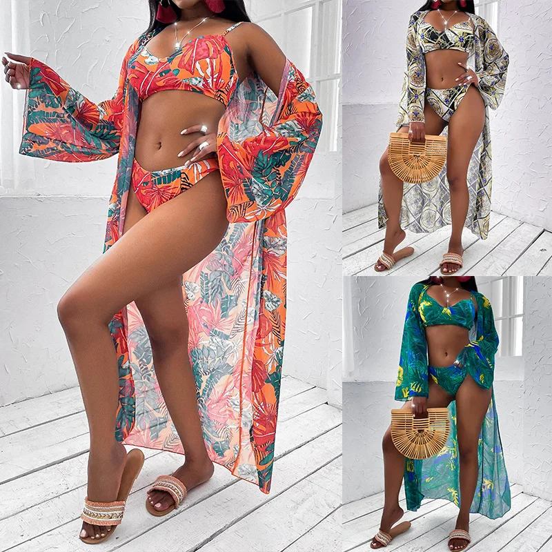 

Women's summer swimsuit, European and American Print Three-Piece Swimsuit Women's Three-Piece Printed Bikini Split Swimsuit 2021