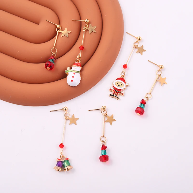

Christmas Long Earrings Charms Red Green Cute Snowman Santa Bell Jewelry Star Decoration Accessories New Year Gift For Friend