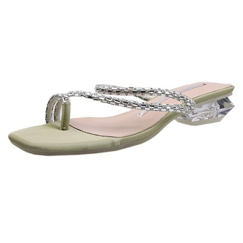 

Square heel Rubber Flip Flops Shoes Med Slippers Women Summer Pantofle Slides Fashion Block Hawaiian 2021 Glitter Luxury Crystal