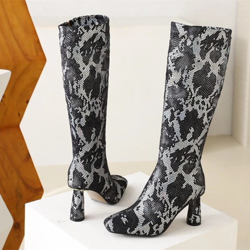 Lady's High Heel Sexy Leopard Boots Platform Luxury Animal Print Knee High Boots Side Zipper Winter Shoes Women Size 49