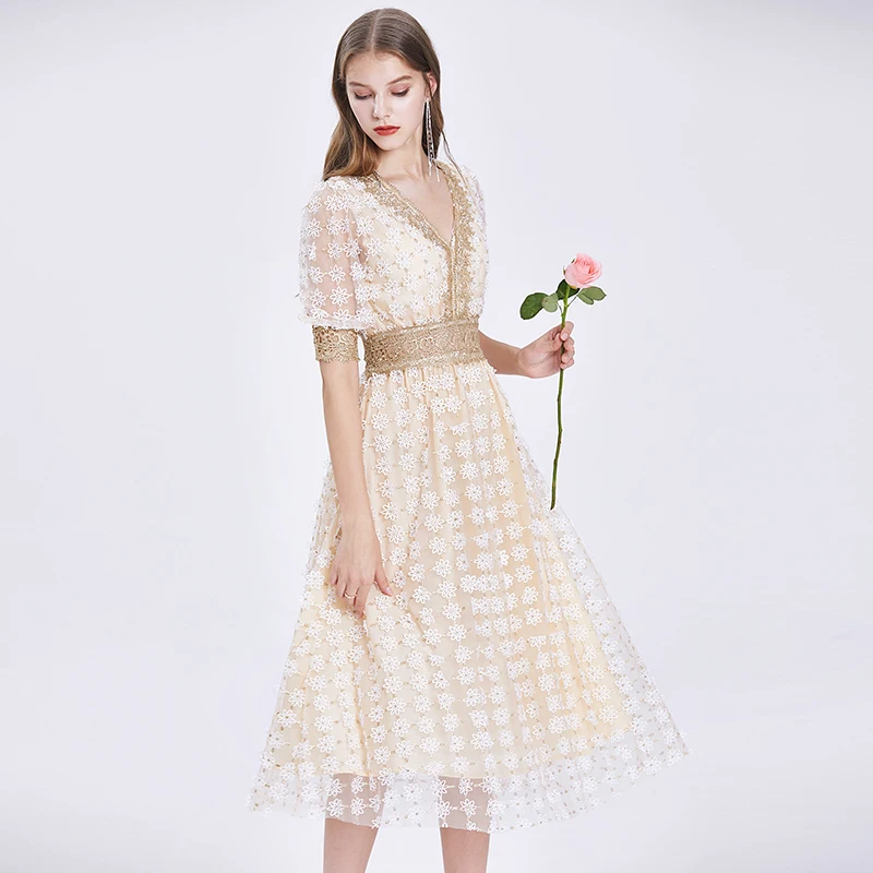 

Flower Embroidery Lace Dress High Waist Half Sleeve Long Dresses Women Summer Runway Party Dress TA9805