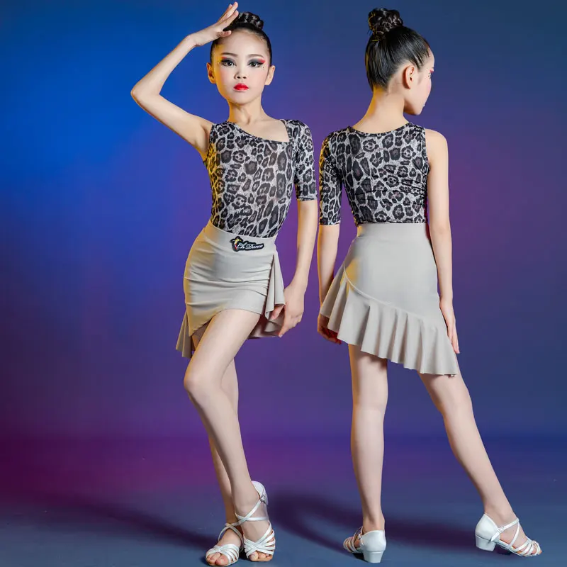 

2021 Leopard Print Latin Performance Summer Children's Girls Practise Training Dress Dancing Clothing Stage Performance Uniforms
