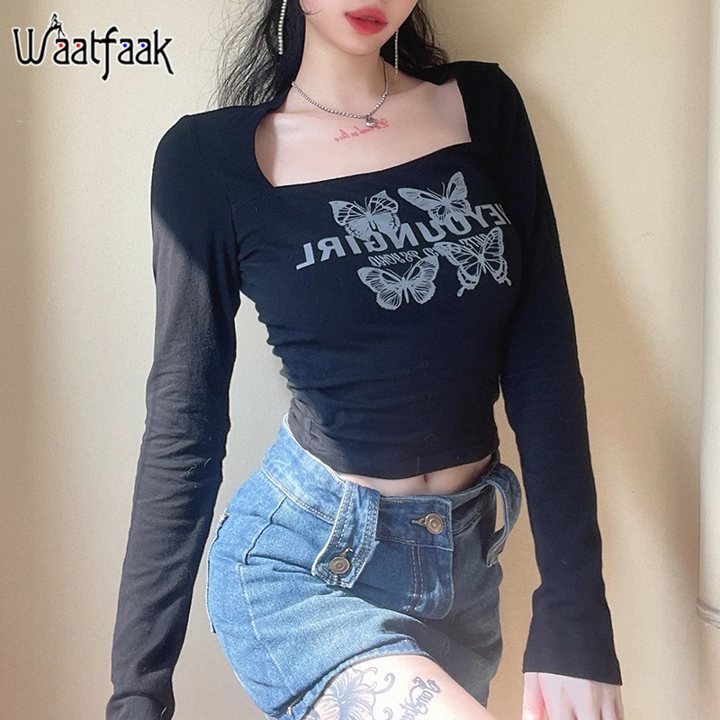 

Waatfaak Black Long Sleeve Grunge Goth Tshirt Vintage Butterfly Printed T-shirt Women Harajuku Square Collar Crop Top T Shirt