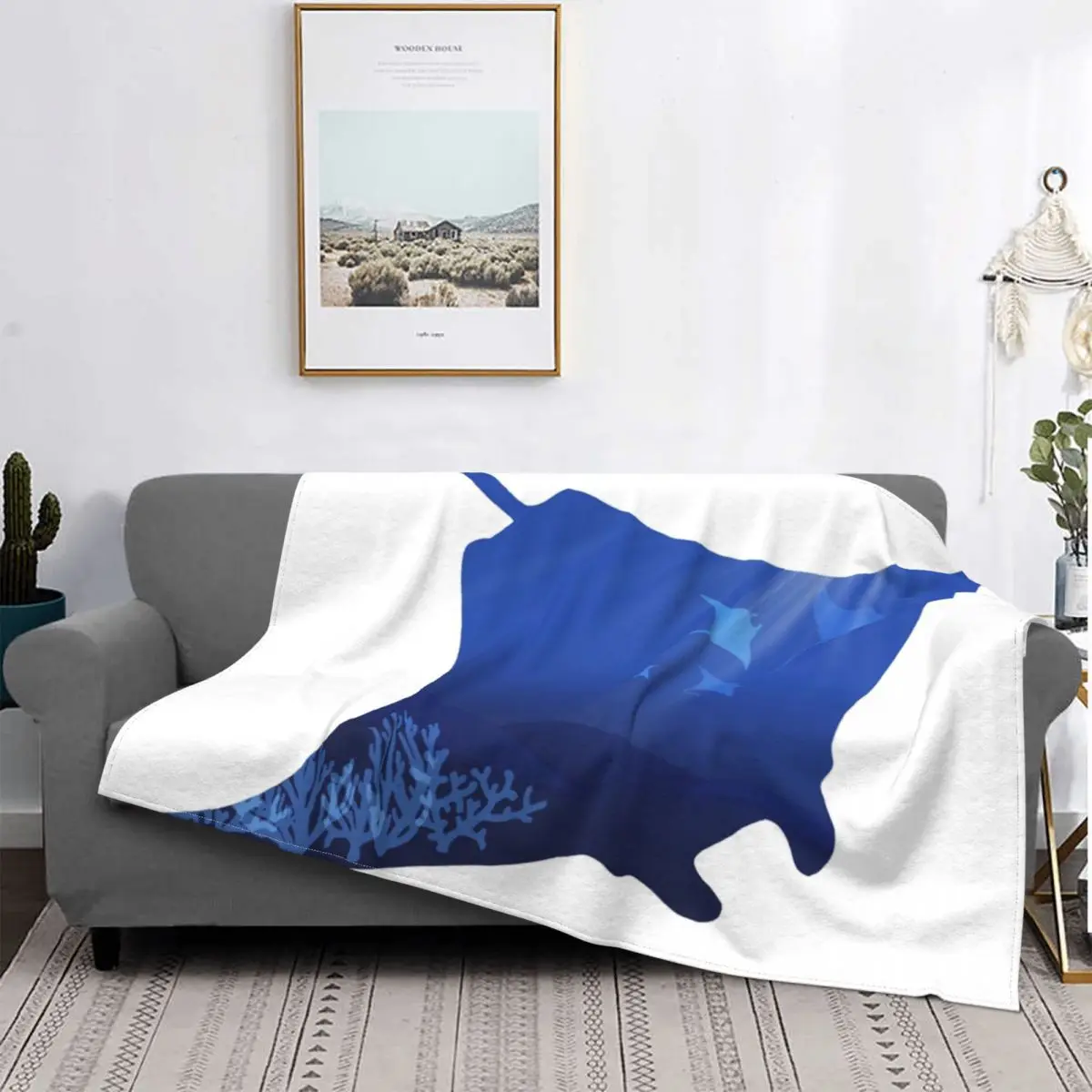 

Manta Ray Silhouette With Coral Reef Blanket Ocean Stingray Plush Warm UltraSoft Flannel Throw Blanket For Sofa Bedspread Cover