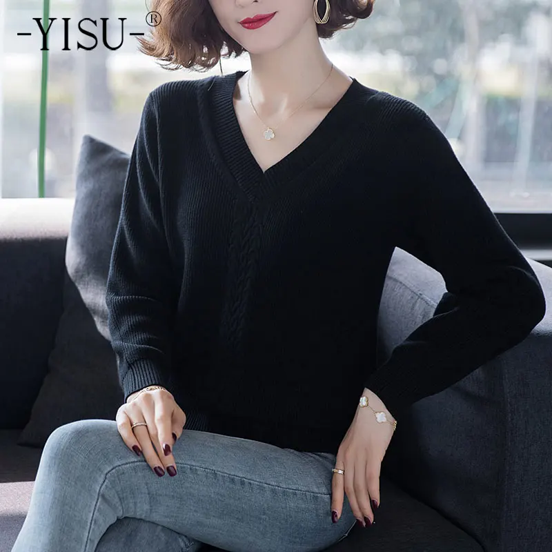

YISU 2021 Fashion Women Thin section Sweater Spring Solid color V-Neck Long sleeve Loose Jumper Female Casual Knitted Pullover