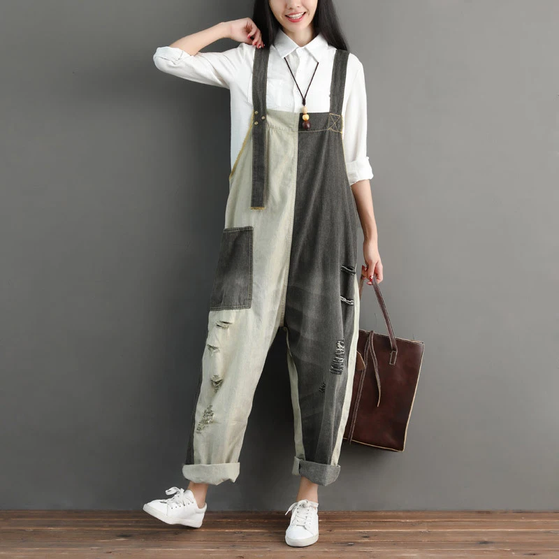 Women Dungarees Jumpsuit Patchwork Ripped Jeans Denim Romper Vintage Suspender Overalls Summer Harem Pants Block Color Jump Suit | Женская