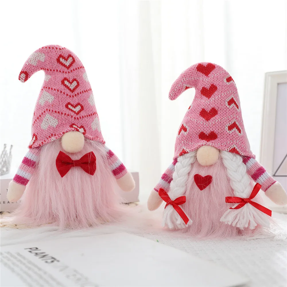 

2022 New Bowknot Love Faceless Doll Love Knitted Pink Hat Doll Valentine'S Day Party Creative Photo Props Desktop Decoration