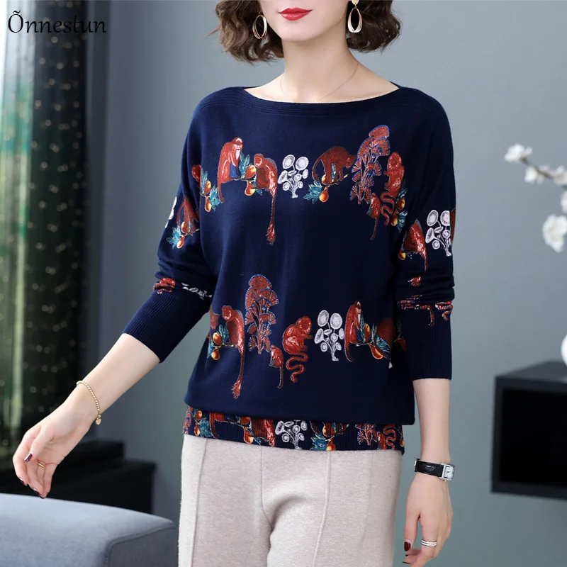 

Print Sweater Women Spring Autumn New Pullover Women's Sweaters Pull Knitted Tops Plus Size Sweater For Woman